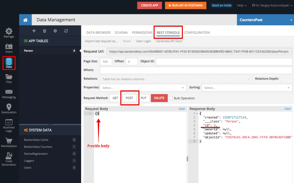 Add a record to the table using REST console