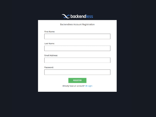 Create new account with Backendless