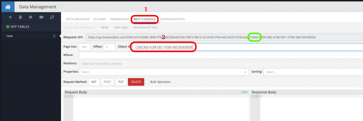 Paste ObjectID in Backendless REST Console