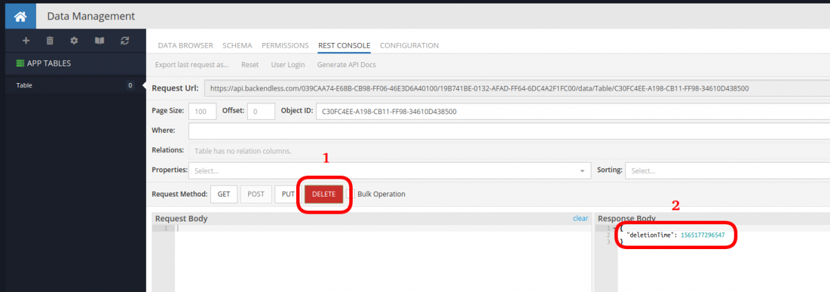 Object Deleted Response in Backendless REST Console