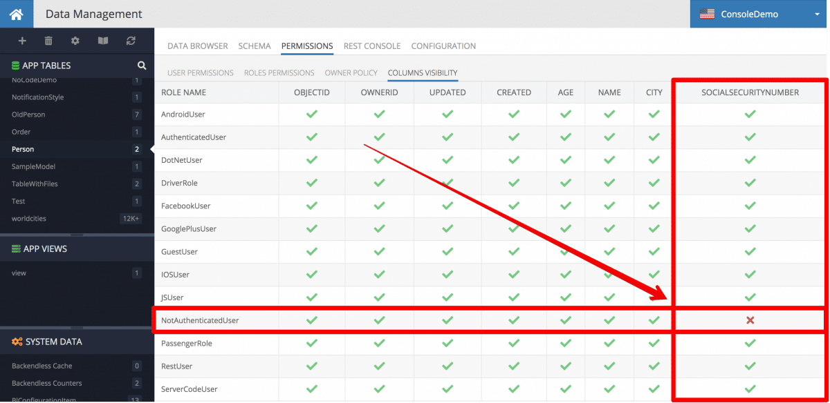 Column visibility permissions for Backendless Database