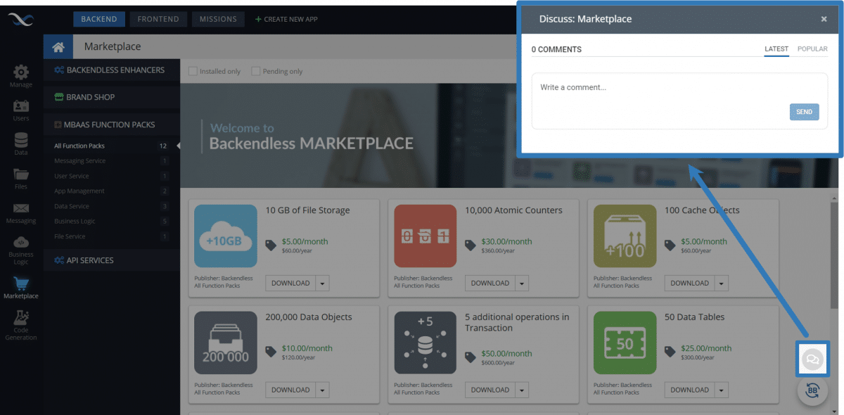 Comments in Backendless Marketplace