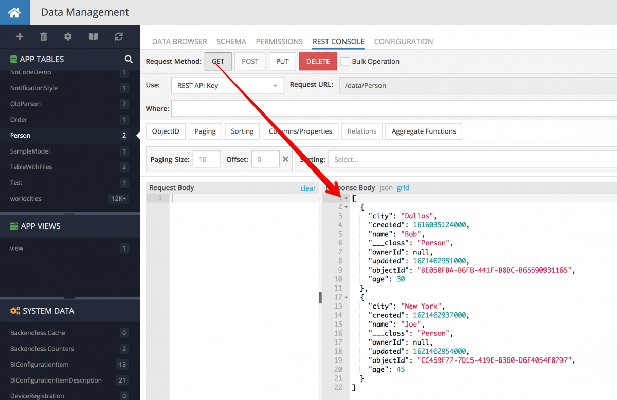 REST Console response with roles-based column security