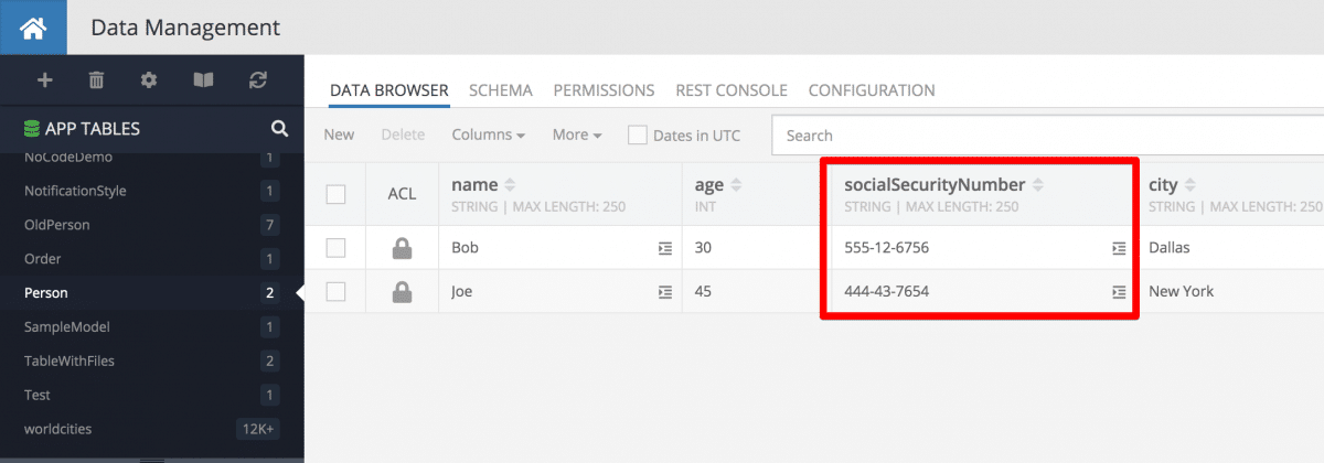 Sensitive data column in Backendless Database