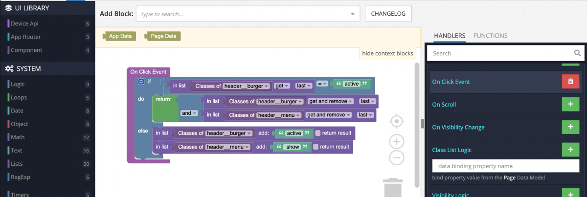 Codeless logic for block element