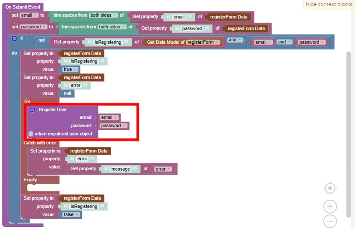 User registration Codeless logic highlighting form elements