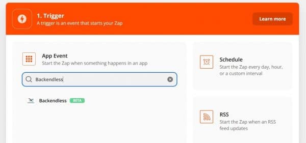 Select Backendless in the App Event field in Zapier