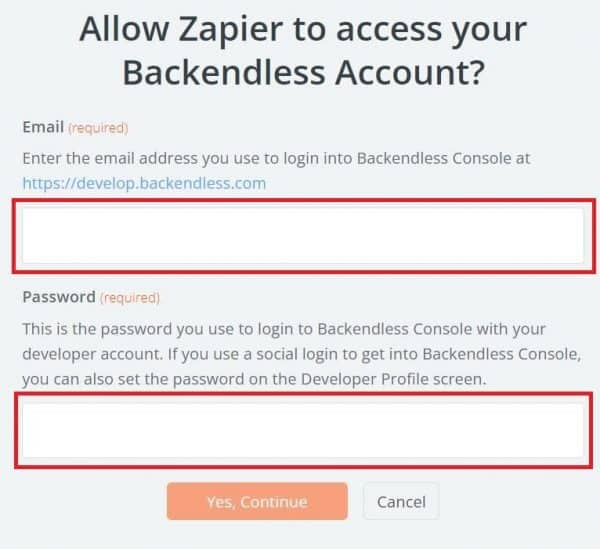 Add Backendless credentials in Zapier