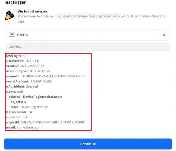 Zapier trigger test response from Backendless