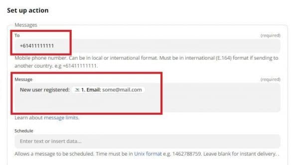 Configure SMS to phone number and message fields in Zapier
