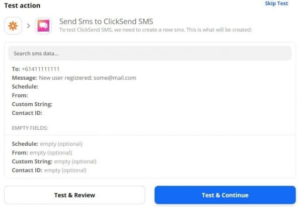 Test Send SMS to ClickSend SMS in Zapier