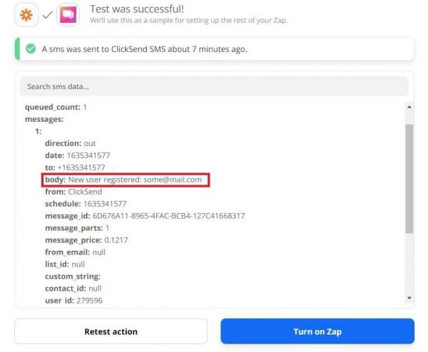 Successful ClickSend SMS test in Zapier