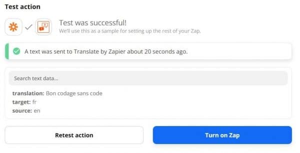 Successful translation test in Zapier