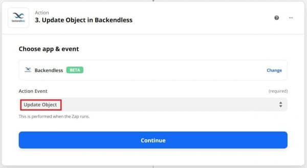 Add Update Object in Backendless action in Zapier