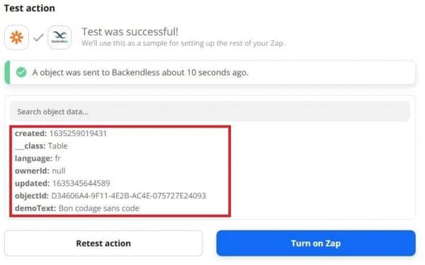 Successful test of object update action in Zapier