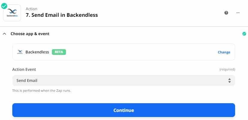 Configure send email from Backendless action in Zapier
