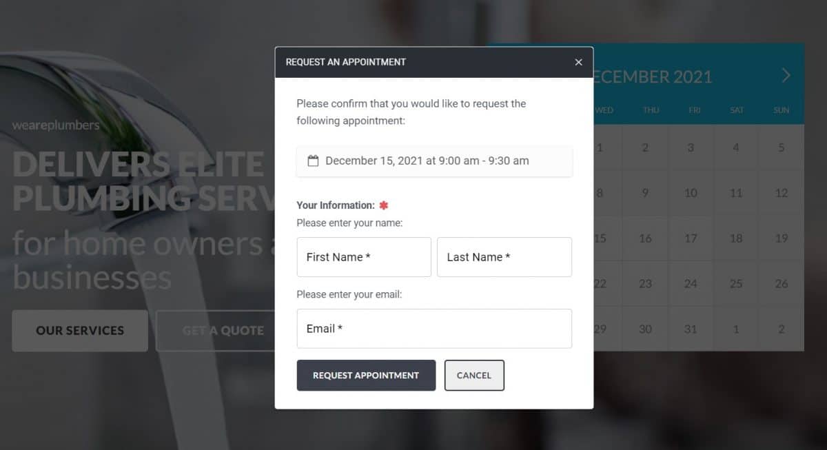 Appointment request modal window
