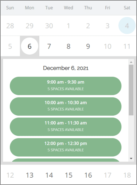 Calendar with available time slots
