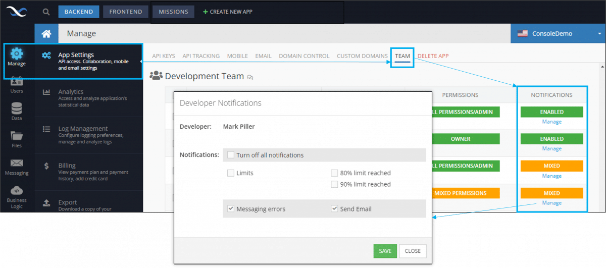 Developer notifications settings