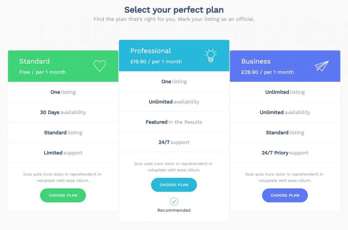 Pricing plan selection page