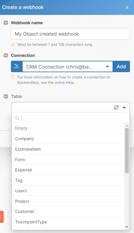 Backendless CRM Demo Connection in Integromat (Make)