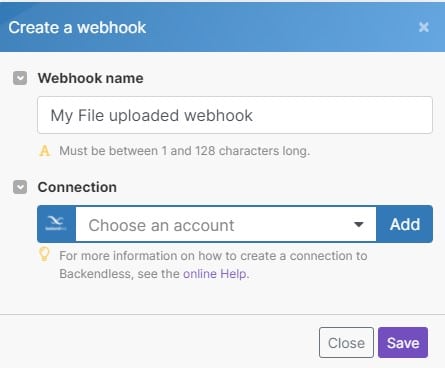 Create File Upload Backendless webhook in Make