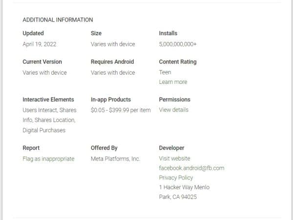 Facebook app listing details on Google Play Store
