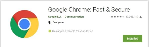 Google Chrome listing in the Google Play Store