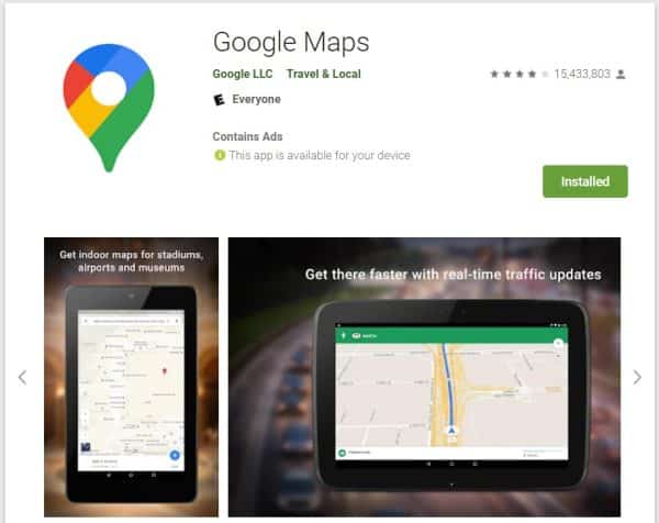 Google Maps listing in the Google Play Store