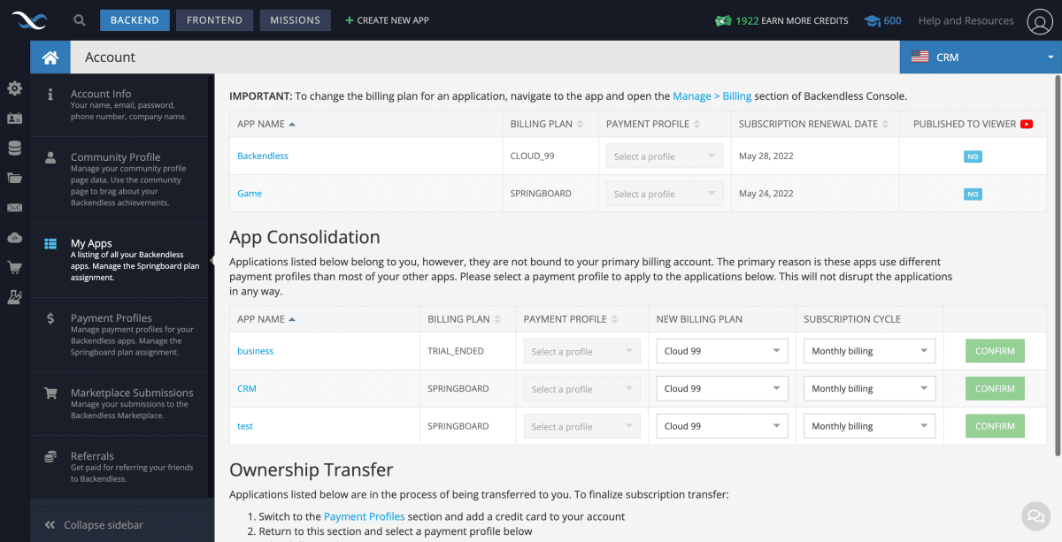 Backendless App Consolidation without Payment Profile