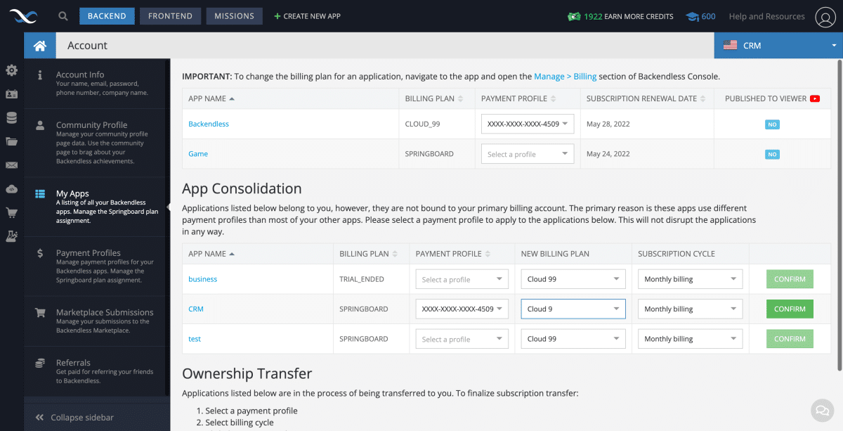 Backendless App Consolidation with Payment Profiles