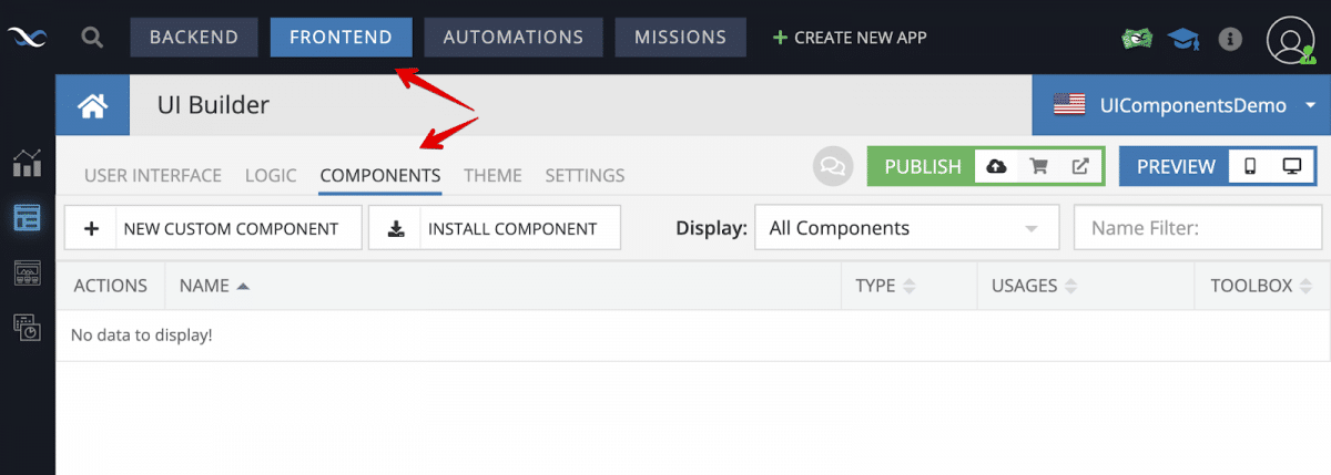 Components area in UI Builder