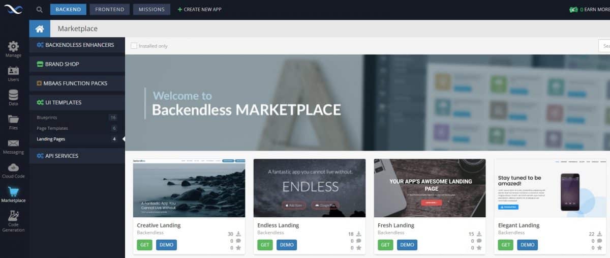Landing pages in Backendless Marketplace