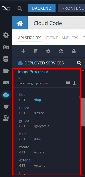 Image Processing API Service in Backendless Console