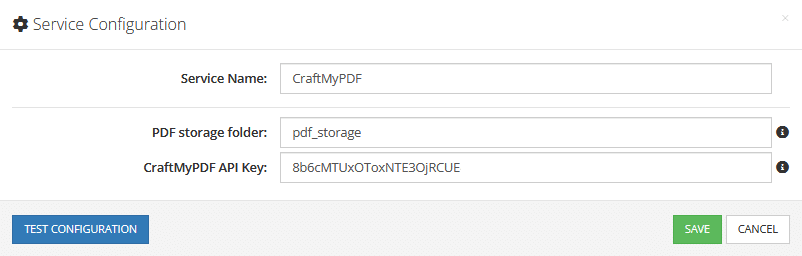 CraftMyPDF API service key configuration