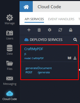 CraftMyPDF Plugin added installed in Backendless
