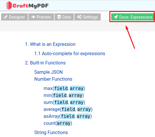 Open CraftMyPDF Expressions to edit data fields
