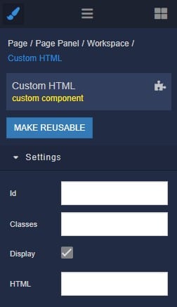Custom HTML component settings