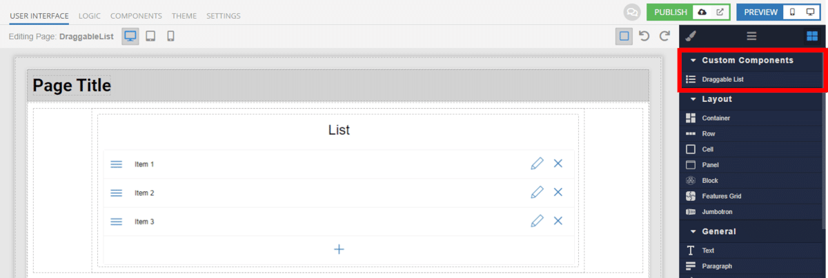 Draggable List Component added to UI Builder Canvas