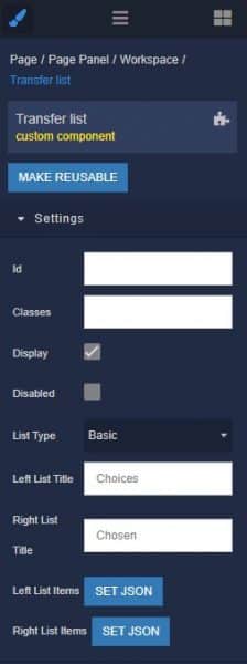Transfer List component settings