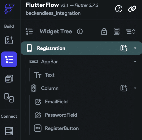 FlutterFlow user registration Widget Tree