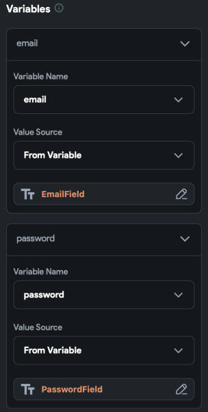 Add email and password values to variables