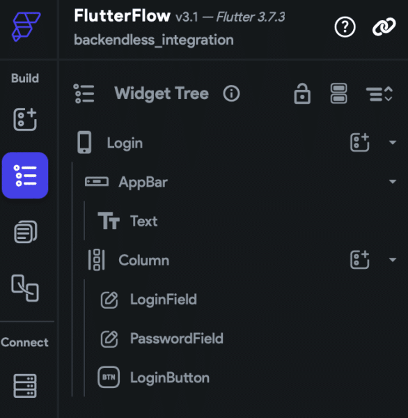 Example FlutterFlow user login Widget Tree