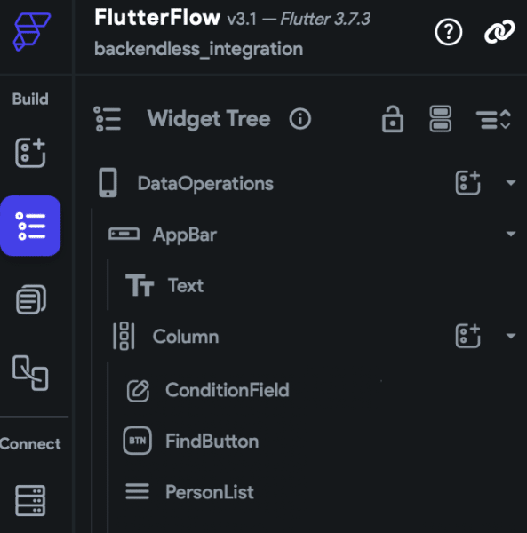 FlutterFlow Data Operations page Widget Tree
