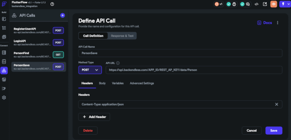 Define create new person object API call from FlutterFlow to Backendless Database