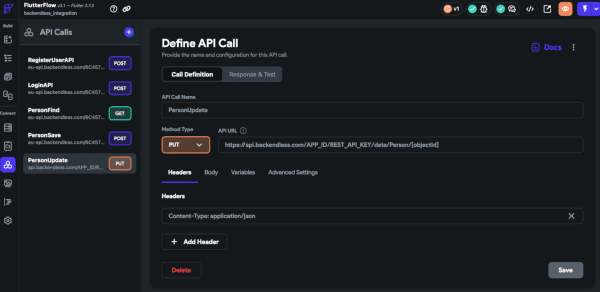Define PersonUpdate PUT API call in FlutterFlow