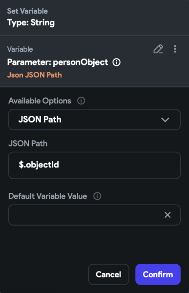 Pass objectId value from personObject into JSON path