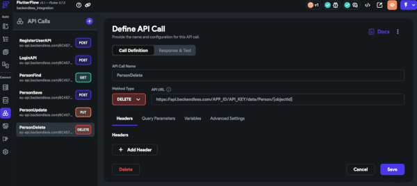 Define Delete object API call in FlutterFlow