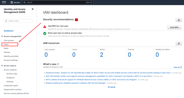 Access management select Users in Amazon AWS S3