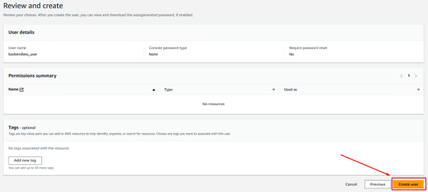 Review all details and click the “Create user” button